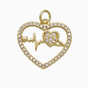 Copper Heart Pendant Pave Zirconia Heartbeat Gold Plated, approx 19mm