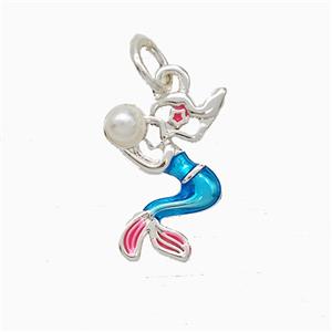 Copper Mermaid Pendant Pave Pearlized Resin Painted Platinum Plated, approx 9-15mm