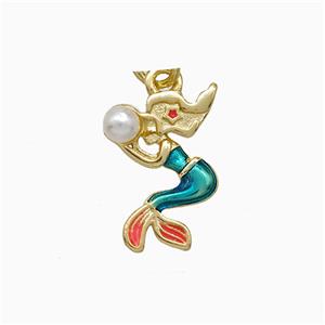 Copper Mermaid Pendant Pave Pearlized Resin Painted Gold Plated, approx 9-15mm