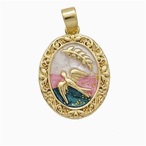 Copper Swallow Pendant Painted Leaf Oval Gold Plated, approx 14-16mm