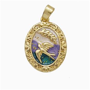 Copper Swallow Pendant Painted Leaf Oval Gold Plated, approx 14-16mm