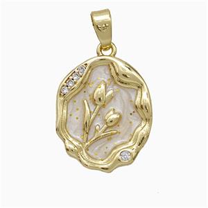 Copper Flower Pendant Pave Zirconia White Painted Gold Plated, approx 14-17mm