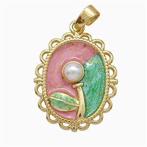 Copper Flower Pendant Pave Pearlized Resin Painted Gold Plated, approx 17-20mm