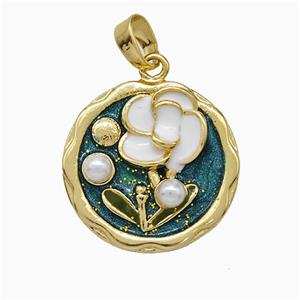Copper Flower Pendant Pave Pearlized Resin Painted Gold Plated, approx 18mm