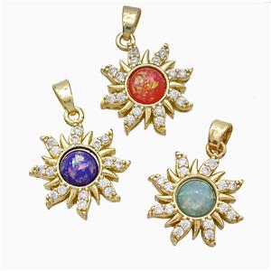 Copper Sun Pendant Pave Zirconia Fire Opal Gold Plated Mixed, approx 16mm