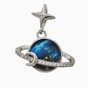 Copper Planet Pendant Pave Zirconia Resin Platinum Plated, approx 11-20mm, 7mm