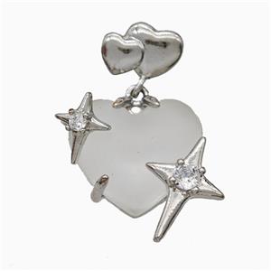 White Resin Heart Pendant Copper Star Pave Zirconia Platinum Plated, approx 20mm, 10-12mm