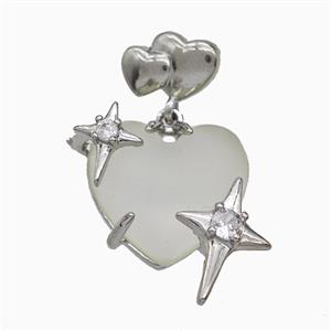 Lt.green Resin Heart Pendant Copper Star Pave Zirconia Platinum Plated, approx 20mm, 10-12mm