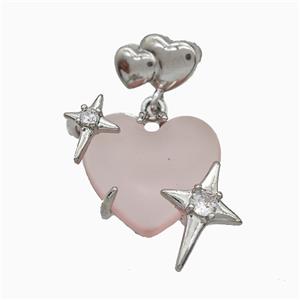 Lt.pink Resin Heart Pendant Copper Star Pave Zirconia Platinum Plated, approx 20mm, 10-12mm