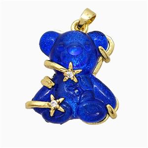 Blue Resin Bear Pendant Copper Star Pave Zirconia Gold Plated, approx 20mm