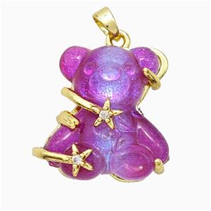 Hotpink Resin Bear Pendant Copper Star Pave Zirconia Gold Plated, approx 20mm