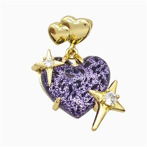 Purple Resin Heart Pendant Copper Star Pave Zirconia Gold Plated, approx 20mm, 10-12mm