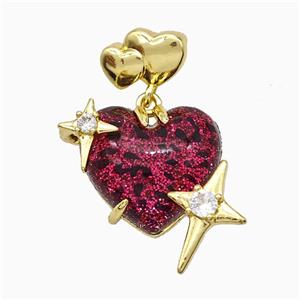 Red Resin Heart Pendant Copper Star Pave Zirconia Gold Plated, approx 20mm, 10-12mm