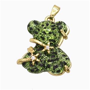 Green Resin Bear Pendant Copper Star Pave Zirconia Gold Plated, approx 20mm