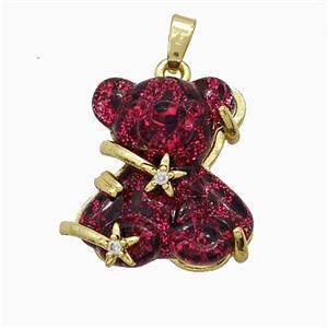 Red Resin Bear Pendant Copper Star Pave Zirconia Gold Plated, approx 20mm