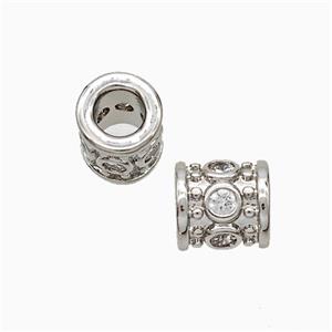 Copper Tube Beads Pave Zirconia Large Hole Platinum Plated, approx 7-8mm, 4mm hole