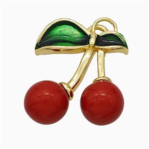 Copper Cherry Pendant Pave Red Resin Gold Plated, approx 18-20mm