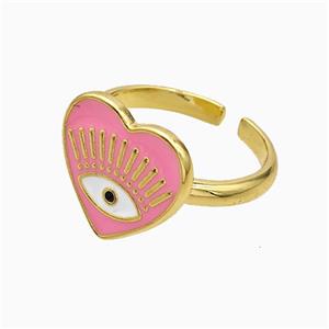 Copper Heart Rings Pink Enamel Eye Gold Plated, approx 14-15mm, 18mm dia