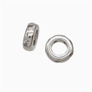 Copper Rondelle Beads Pave Zirconia Large Hole Platinum Plated, approx 8mm