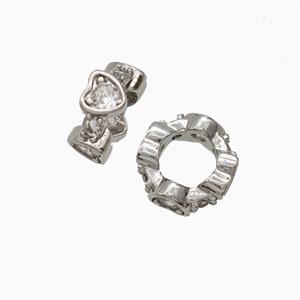 Copper Rondelle Beads Pave Zirconia Large Hole Heart Platinum Plated, approx 8mm