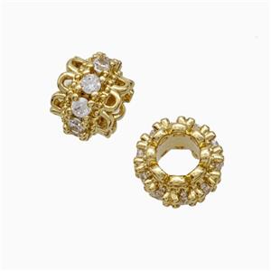 Copper Rondelle Beads Pave Zirconia Large Hole Gold Plated, approx 8mm