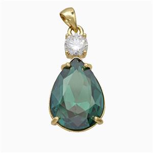 Green Crystal Glass Teardrop Pendant Copper Gold Plated, approx 14-25mm