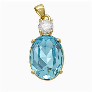 Aqua Crystal Glass Oval Pendant Copper Gold Plated, approx 14-25mm