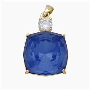 Blue Crystal Glass Square Pendant Copper Gold Plated, approx 19-25mm