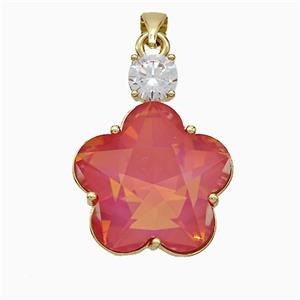 Red Crystal Glass Flower Pendant Copper Gold Plated, approx 19-25mm