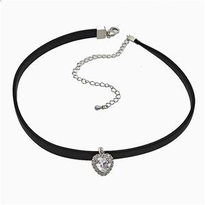 Black PU Leather Necklace With Copper Heart Pave Zirconia, approx 12mm, 7mm, 30-40cm length