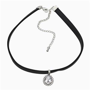 Black PU Leather Necklace With Copper Circle Pave Zirconia, approx 13-16mm, 7mm, 30-40cm length