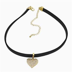 Black PU Leather Necklace With Copper Heart Pave Zirconia, approx 18mm, 7mm, 30-40cm length