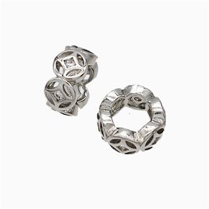 Copper Rondelle Beads Pave Zirconia Large Hole Platinum Plated, approx 10mm