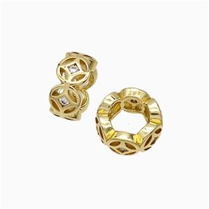 Copper Rondelle Beads Pave Zirconia Large Hole Gold Plated, approx 10mm