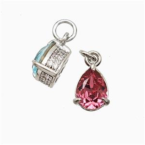 Copper Teardrop Pendant Pave Zirconia Pink Crystal Glass Platinum Plated, approx 7-8mm