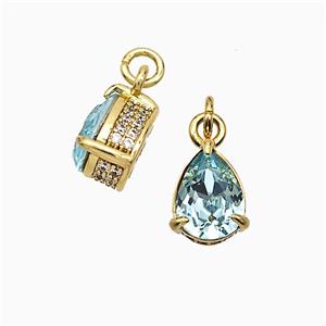 Copper Teardrop Pendant Pave Zirconia Aqua Crystal Glass Gold Plated, approx 7-8mm