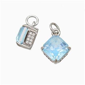 Copper Square Pendant Pave Zirconia Blue Crystal Glass Platinum Plated, approx 8-11mm