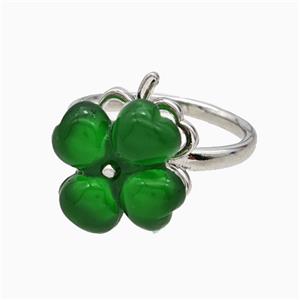 Copper Clover Rings Pave Green Resin Rotatable Platinum Plated, approx 14mm, 18mm dia