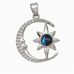 Copper Moon Star Pendant Pave Zirconia Resin Platinum Plated, approx 16-18mm