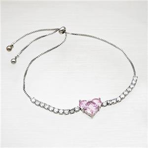 Copper Bracelet Pave Crystal Glass Heart Adjustable Platinum Plated, approx 13-14mm, 1mm, 28cm length
