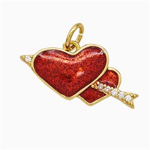 Copper Heart Cupid Arrow Pendant Pave Zirconia Red Painted Gold Plated, approx 10-20mm