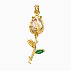 Copper Flower Pendant Pave Zirconia Gold Plated, approx 8.5-28mm