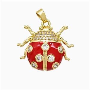 Copper Ladybug Pendant Pave Zirconia Red Enamel Gold Plated, approx 20-23mm