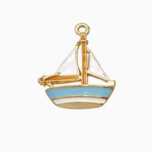 Sailboat Charms Copper Pendant Blue White Enamel Gold Plated, approx 15-16mm