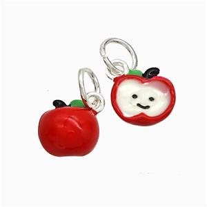 Copper Apple Pendant White Red Enamel Platinum Plated, approx 10mm