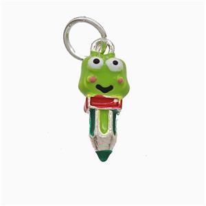 Frog Pencil Charms Copper Pendant Green Enamel Platinum Plated, approx 8-18mm