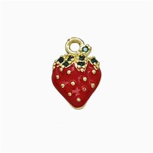 Copper Strawberry Pendant Pave Zirconia Red Enamel Gold Plated, approx 9-12mm