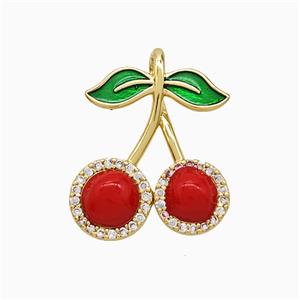 Copper Cherry Pendant Pave Zirconia Red Enamel Gold Plated, approx 16-17mm