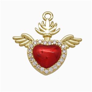 Copper Heart Angel Wings Pendant Pave Zirconia Red Painted Gold Plated, approx 17-20mm