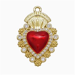 Copper Heart Pendant Pave Zirconia Red Painted Gold Plated, approx 16-22mm